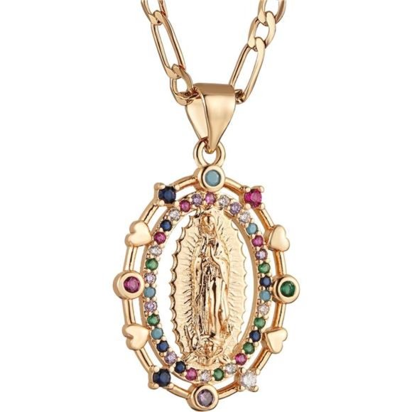 14K Gold Plated Virgin Mary Prayer Necklace Our Lady of Amulet Pendant 17 Inch - Picture 5 of 6